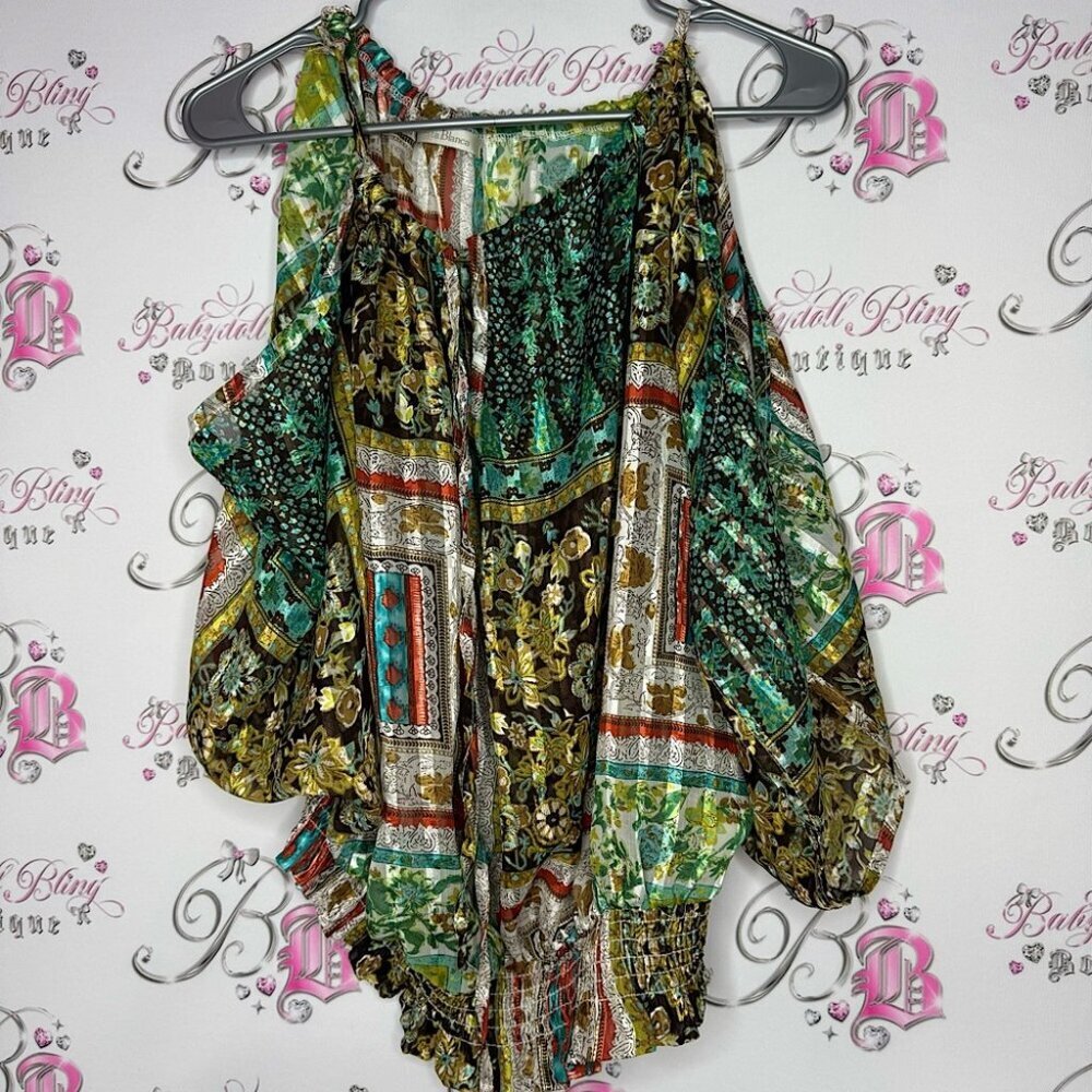 Costa Blanca open shoulder blouse top shirt paisley boho silky shimmer keyhole